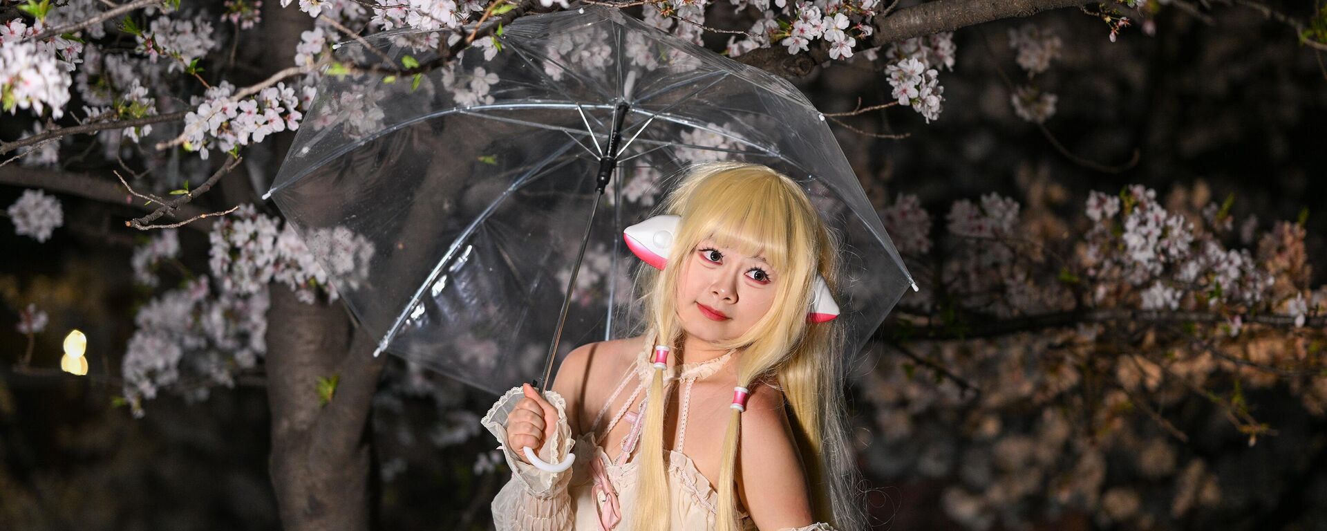 Посетитель позирует для фотографий на фоне цветущей сакуры ночью в храме Цзимин, Китай - سبوتنيك عربي, 1920, 25.03.2025