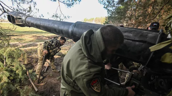 Бойцы артиллерийского расчета пушки-гаубицы Д-20 добровольческого корпуса отдельного батальона специального назначения (ОБСпН) АрБат в Курской области - سبوتنيك عربي