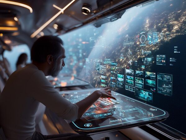 قسم التحرير في وكالة "سبوتنيك" عام 2200، حيث يعمل فريق المحررين على  بين النجوم. يقوم محرر الصور بالتمرير عبر الصور الثلاثية الأبعاد العائمة لأحدث الأخبار - سبوتنيك عربي