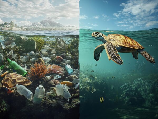 تظهر الصورة الفرق بين الحفاظ على البيئة البحرية ونظافة المحيطات، وبين تحويلها إلى مكبات للقمامة. - سبوتنيك عربي
