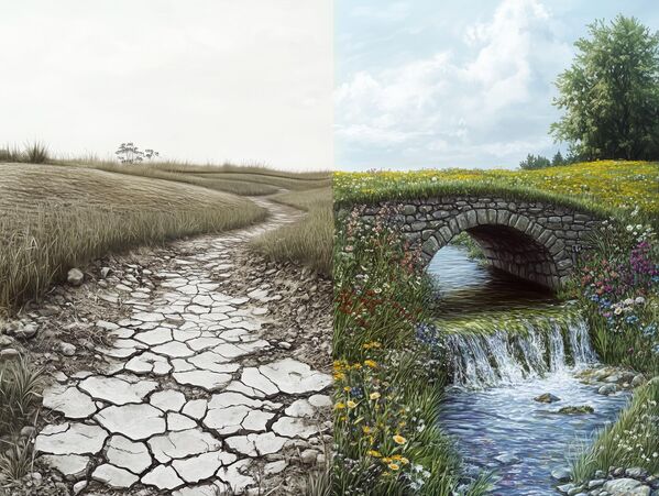 تظهر الصورة الفرق بين أرض تجري فيها المياه، وبين أرض قاحلة لا توجد فيها حياة. - سبوتنيك عربي