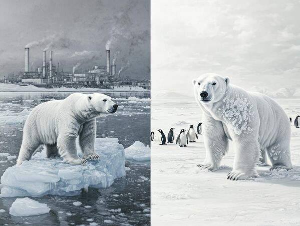 الفرق بين حياة الدب القطبي في بيىئته الطبيعية النظيفة، وبين تحوله للعيش في بيئة صناعية مدمرة. - سبوتنيك عربي