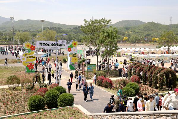 زوار المعرص يطلعون على أجنحته، التي تعرض أكثر من 1000 نوع من الورود من جميع أنحاء العالم، خلال المؤتمر الدولي للورود في بكين، الصين - سبوتنيك عربي