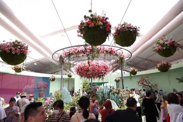 زوار المعرص يطلعون على أجنحته، التي تعرض أكثر من 1000 نوع من الورود من جميع أنحاء العالم، خلال المؤتمر الدولي للورود في بكين، الصين - سبوتنيك عربي