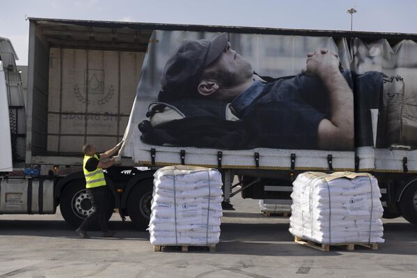 عامل يفرغ شاحنة تحمل مساعدات إنسانية قبل دخولها قطاع غزة - سبوتنيك عربي