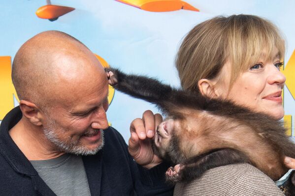 الممثل بينو فورمان، والممثلة هايكه ماكاتش تحمل قرد على كتفها، على السجادة الحمراء خلال العرض الأول لفيلم "أكيكو القرد الطائر" في مسرح فيلم فريدريشهاين، في برلين، ألمانيا. - سبوتنيك عربي