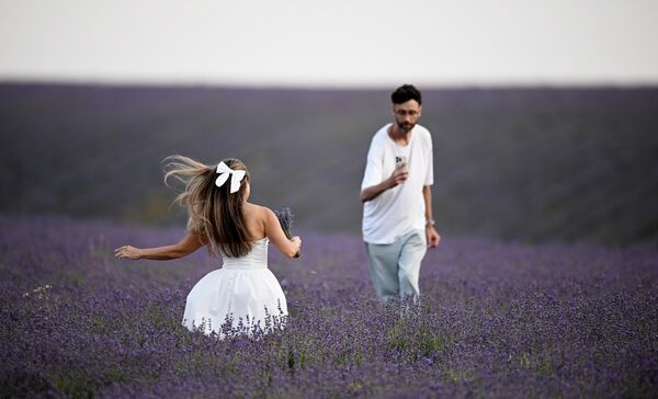 طفلة تلعب في إحدى حقول الخزامى. طفلة تلعب في إحدى حقول الخزامى. - سبوتنيك عربي