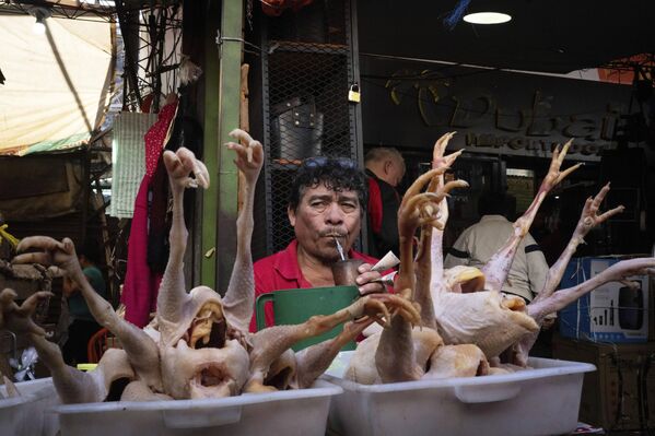 بائع الدجاج سيلفينو يرتشف "تيريري"، وهو مشروب عشبي بارد، أثناء انتظاره الزبائن في السوق رقم 4 في أسونسيون، باراغواي. - سبوتنيك عربي