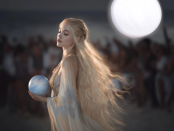 فينوس (أفروديت) إلهة الحب والجمال، ملكة ألمع الكواكب، وأظهرها الذكاء الاصطناعي على منصة عرض الأزياء، حيث تُجسّد النعمة الإلهية. - سبوتنيك عربي