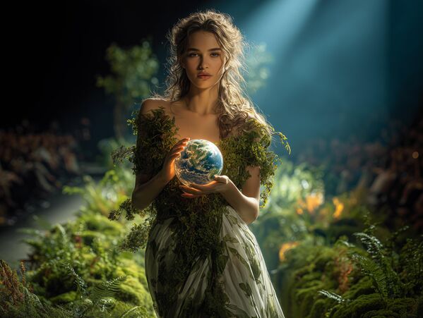 غايا (الأرض) في ثوب من الزهور النضرة والخضراء، حيث تتجسد الطبيعة على منصة العرض. - سبوتنيك عربي