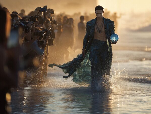 نبتون (بوسيدون)، حاكم كوكب الماء نبتون، أظهره الذكاء الاصطناعي وهو يمشي على منصة العرض برشاقة الملوك وبزي يُجسّد أعماق المحيط بأسلوب رفيع. - سبوتنيك عربي