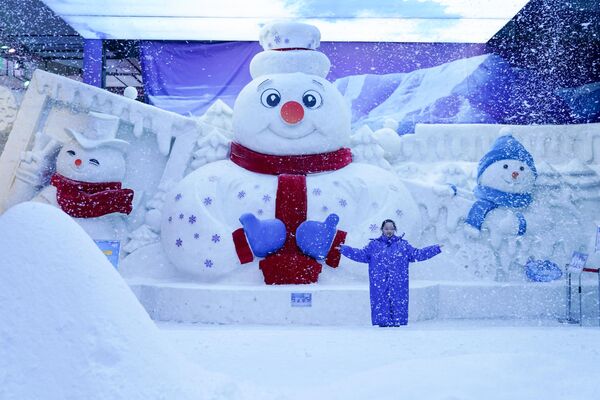 سائحة تلتقط صورة مع منحوتات ثلجية في معرض "صن آيلاند" للفنون الجليدية والثلجية في هاربين، الصين. - سبوتنيك عربي