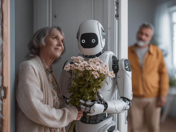 امرأة تتلقى الزهور من الروبوت، وليس من زوجها. - سبوتنيك عربي