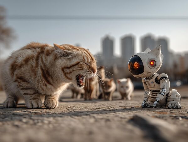 قطة تدافع عن أراضيها ضد قطة روبوتية. - سبوتنيك عربي