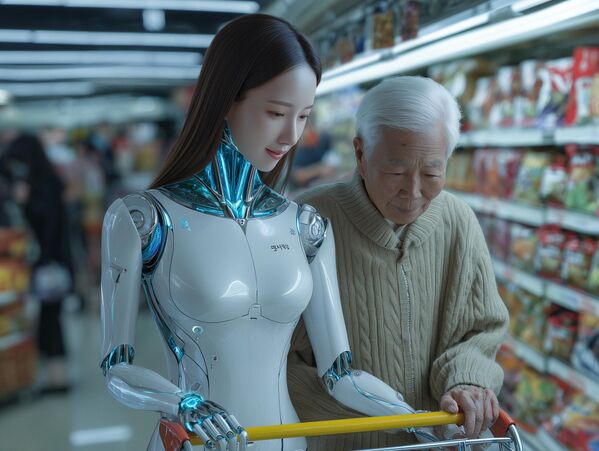 رجل مسن يتسوق لشراء البضائع مع مساعدته الروبوتية. - سبوتنيك عربي