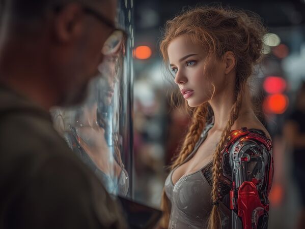 رجل يفحص نماذج جديدة من الروبوتات الأنثوية. - سبوتنيك عربي