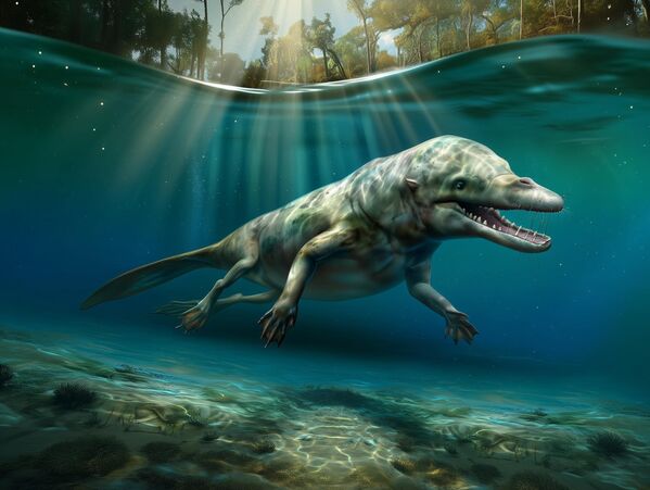 من أروع أسلاف الحيتان &quot;الأمبولوسيتوس&quot; (أمبولوسيتوس ناتانز)، الذي عاش قبل 49 مليون سنة فيما يُعرف الآن بباكستان. كان حيوانًا مفترسًا طوله 3 أمتار، لم يكن يسبح فحسب، بل كان يمشي على اليابسة على أربع! يُعد &quot;الأمبولوسيتوس&quot; الحلقة المفقودة في تطور الحيتان. فهو يُثبت أن أسلافها لم تنتقل مباشرةً إلى الحياة في المحيط، بل أصبحت في البداية حيوانات مفترسة شبه مائية، مثل ثعالب الماء أو التماسيح. - سبوتنيك عربي