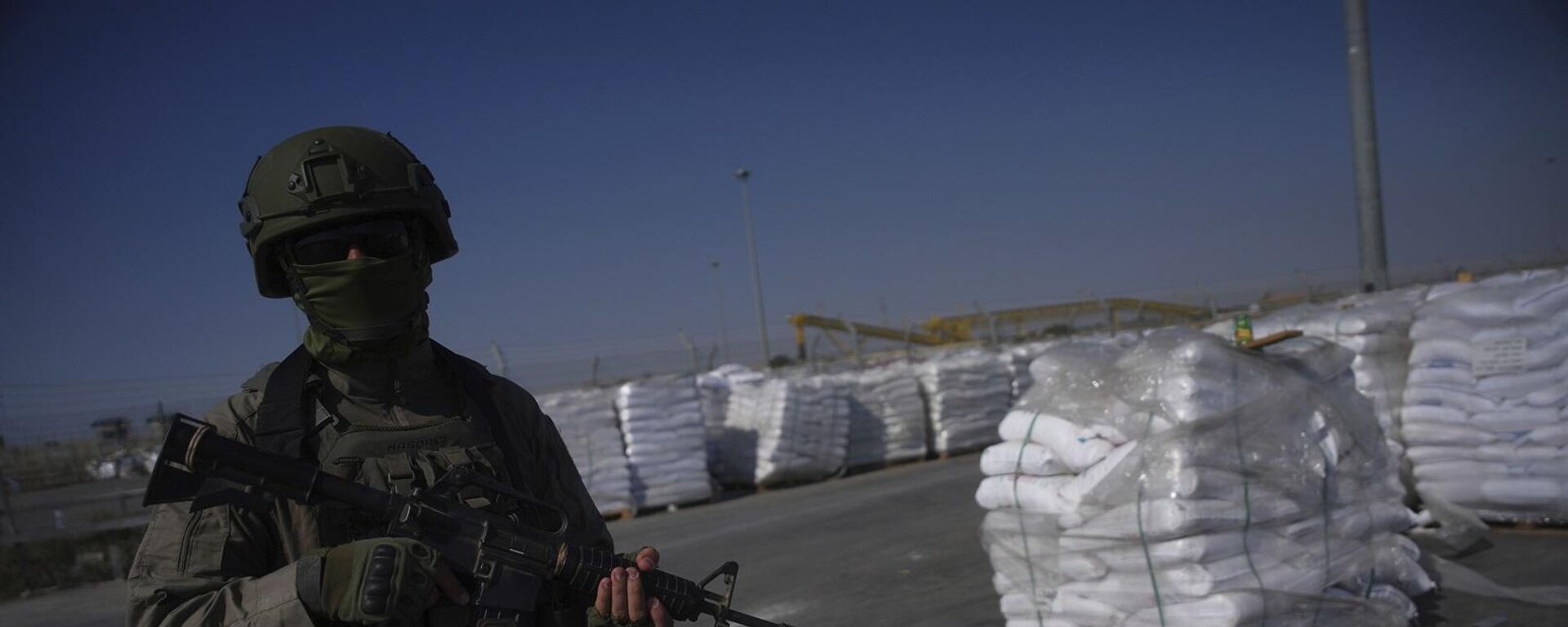 جندي إسرائيلي يقف بجانب طرود مساعدات إنسانية تنتظر الاستلام على الجانب الفلسطيني من معبر كرم أبو سالم في قطاع غزة، 24 يوليو/ تموز 2025. - سبوتنيك عربي, 1920, 12.11.2025