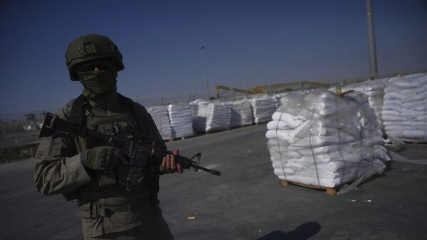 جندي إسرائيلي يقف بجانب طرود مساعدات إنسانية تنتظر الاستلام على الجانب الفلسطيني من معبر كرم أبو سالم في قطاع غزة، 24 يوليو/ تموز 2025. - سبوتنيك عربي