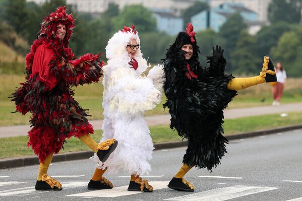 أعضاء فرقة "ثلاث دجاجات تواجه الوجود" يقدمون عرضا في حديقة هوليرود بارك ضمن مهرجان "فرينغ" في إدنبرة، اسكتلندا. - سبوتنيك عربي