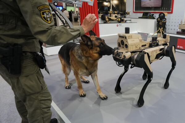 كلب بوليسي تابع للجيش الصربي يتفقد روبوتًا رباعي الأرجل مخصصًا للاستطلاع والهجوم في معرض الأسلحة في بلغراد، صربيا. - سبوتنيك عربي