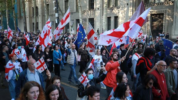 أنصار المعارضة يحملون الأعلام الوطنية الجورجية ويتجمعون في وسط مدينة تبليسي - سبوتنيك عربي