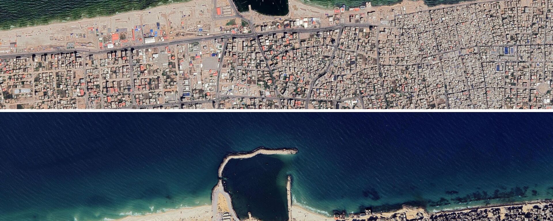 Спутниковые снимки порта Газы до и после израильских атак. Коллаж - سبوتنيك عربي, 1920, 06.10.2025