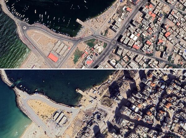 صور من الأقمار الاصطناعية لغزة قرب مسجد الحساينة قبل وبعد الهجمات الإسرائيلية.  - سبوتنيك عربي