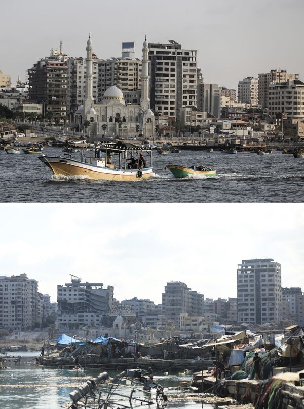صورة تظهر مسجد الحساينة قبل وبعد الهجمات الإسرائيلية على غزة. - سبوتنيك عربي