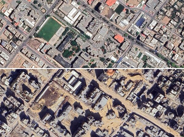 صورة من الأقمار الاصطناعية لغزة قرب كلية الأزهر قبل وبعد الهجمات الإسرائيلية.  - سبوتنيك عربي