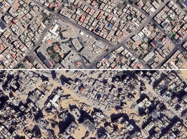 صورة من الأقمار الاصطناعية لغزة قرب مستشفى الشفاء قبل وبعد الهجمات الإسرائيلية.  - سبوتنيك عربي