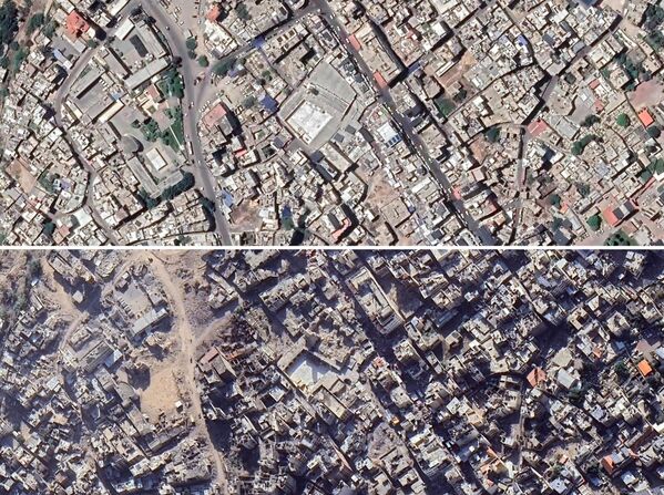 صورة لغزة قرب المسجد العمري الكبير، قبل وبعد الهجمات الإسرائيلية. - سبوتنيك عربي