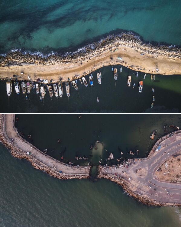 ساحل غزة قبل وبعد الهجمات الإسرائيلية التي بدأت في 7 أكتوبر 2023. - سبوتنيك عربي