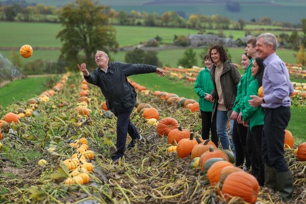 زعيم الحزب الديمقراطي الليبرالي إد ديفي يجمع القرع في مزرعة فواكه كيرني في اسكتلندا - سبوتنيك عربي