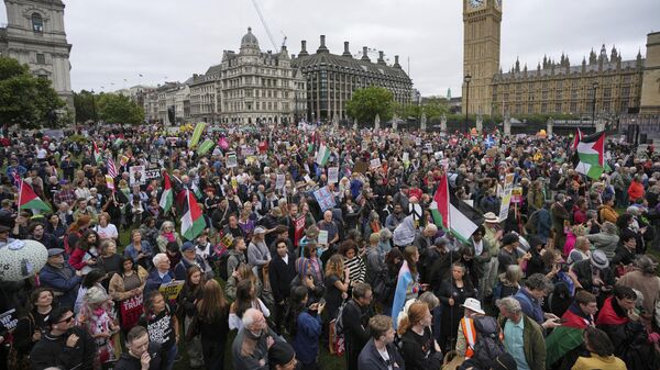 متظاهرون يجتمعون في ساحة البرلمان  ويرفعون أعلام فلسطين، لندن، الأربعاء 17 سبتمبر/أيلول 2025. - سبوتنيك عربي
