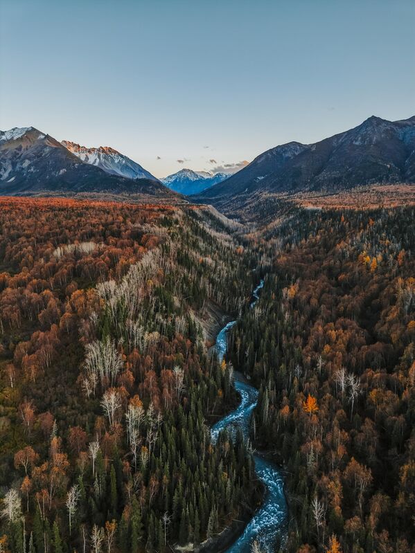 صورة توثق جمال ألوان الخريف الصفراء والبرتقالية والحمراء التي تتماهى مع الجبال المغطاة بالثلوج في ألاسكا.  - سبوتنيك عربي