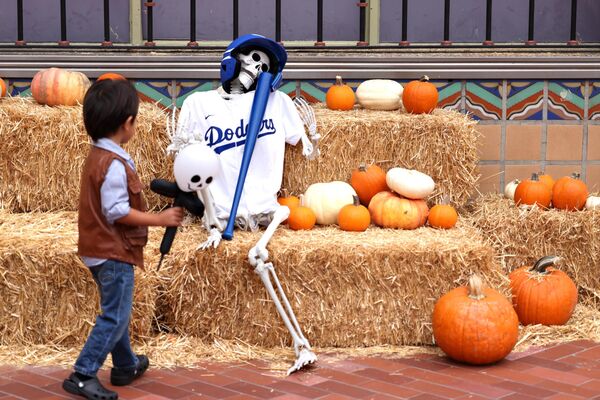 طفل يتأمل هيكلًا عظميًا يُدعى "سبوكي بيتس" خلال فعالية "بونيون ستيشن" السنوية السادسة، ذات الطابع الهالويني، في ولاية لوس أنجلوس. - سبوتنيك عربي