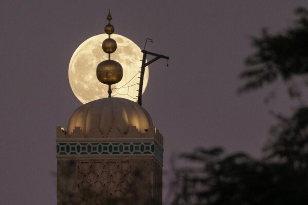 القمر العملاق، أخر قمر مكتمل لهذا العام، يرتفع خلف مسجد &quot;الكتبية&quot; الذي يعود تاريخه إلى القرن الثاني عشر في مدينة مراكش المغربية - سبوتنيك عربي