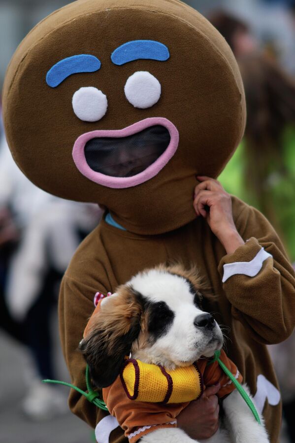 صورة لامرأة ترتدي زي "كعكة الزنجبيل" للمشاركة  في موكب عيد الميلاد السنوي برفقة كلبها في لاباز، بوليفيا. - سبوتنيك عربي