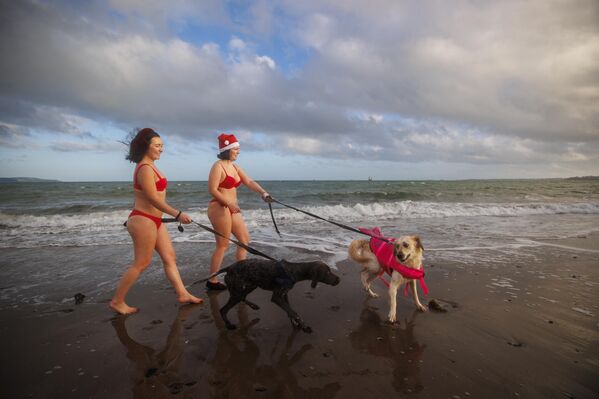 إيما كول (يسارًا) مع الكلب "هوغو"، وستيفاني فينيغان مع الكلب "سيمر"، يسيران على شاطئ خليج "هيلينز"، مقاطعة داون، بعد مشاركتهما في السباحة السنوية عشية عيد الميلاد، لدعم الجمعيات الخيرية المحلية - سبوتنيك عربي