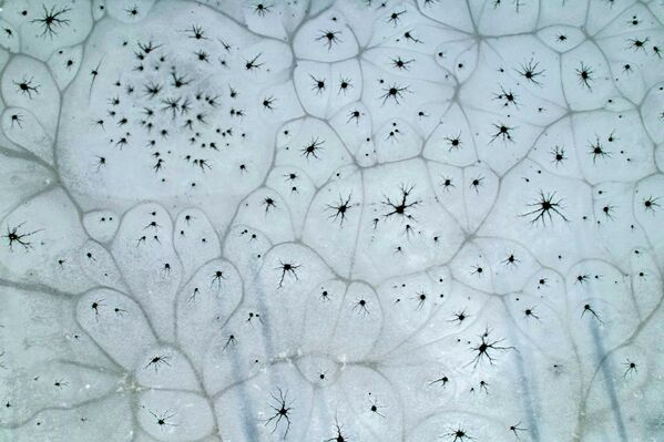 في هذه الصورة الجوية، تتفتح زهور جليدية على نهر متجمد في منتزه فينخه في تاييوان في مقاطعة شانشي الصينية - سبوتنيك عربي