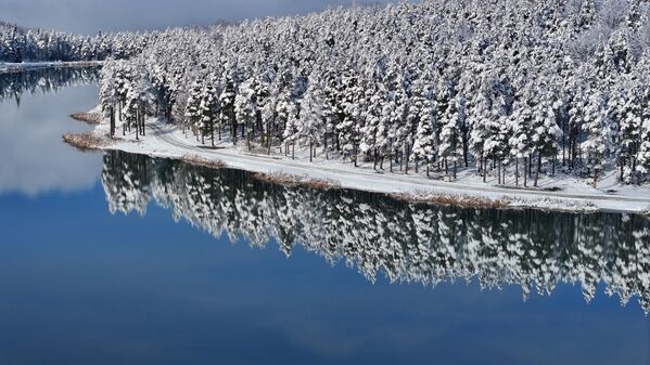 تُظهر صورة جوية هضبة توبوك المغطاة بالثلوج، والواقعة على ارتفاع 1280 مترًا، بعد تساقط الثلوج في منطقة كايناشلي في مدينة دوزجة في تركيا - سبوتنيك عربي