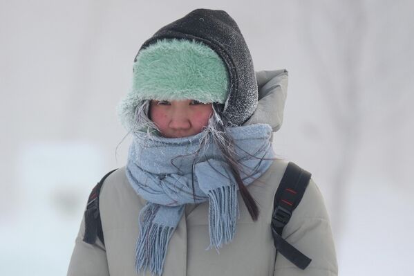 فتاة في الخارج تتجول في طقس شديد البرودة في تومسك. تقترب درجات الحرارة في المدينة من -40 درجة مئوية، بينما سجل خبراء الأرصاد الجوية في الجزء الشرقي من المنطقة -46 درجة مئوية. - سبوتنيك عربي