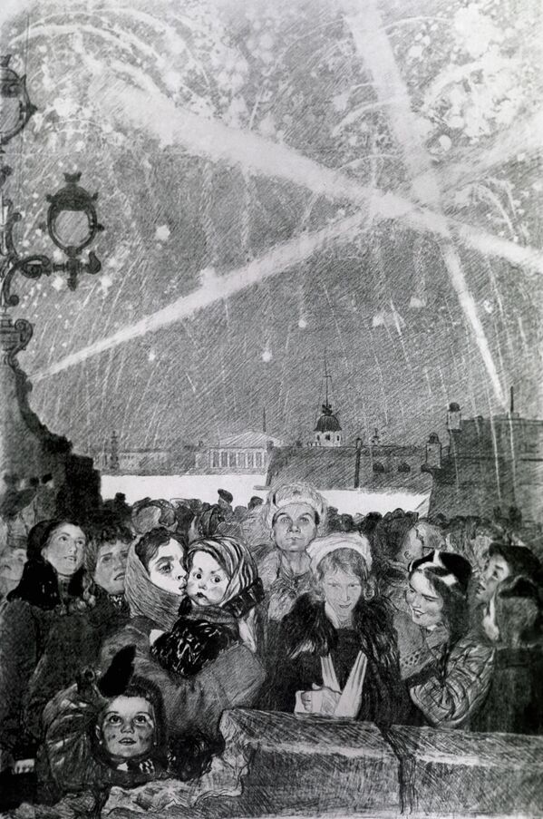 نسخة طبق الأصل من لوحة "تحية في 27 يناير 1944"، من سلسلة "لينينغراد أثناء الحصار"، للفنان أليكسي فيدوروفيتش باخوموف، من مجموعة معرض "تريتياكوف" الحكومي - سبوتنيك عربي