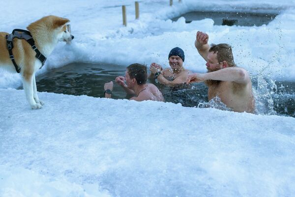 يستحم الناس في حفرة جليدية خلال صباح شديد البرودة في بحيرة بالقرب من فيلنيوس، ليتوانيا، يوم الاثنين 2 فبراير 2026، حيث بلغت درجات الحرارة -27 درجة مئوية.  - سبوتنيك عربي