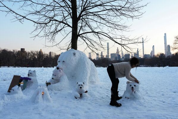 الفنانة هايدي هاتري تصنع منحوتة ثلجية لدب قطبي في مدينة نيويورك، الولايات المتحدة الأمريكية. - سبوتنيك عربي