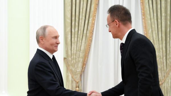  الرئيس الروسي فلاديمير بوتين  خلال اجتماعه مع وزير الخارحية المجري، بيتر سيارتو في الكرملين - سبوتنيك عربي