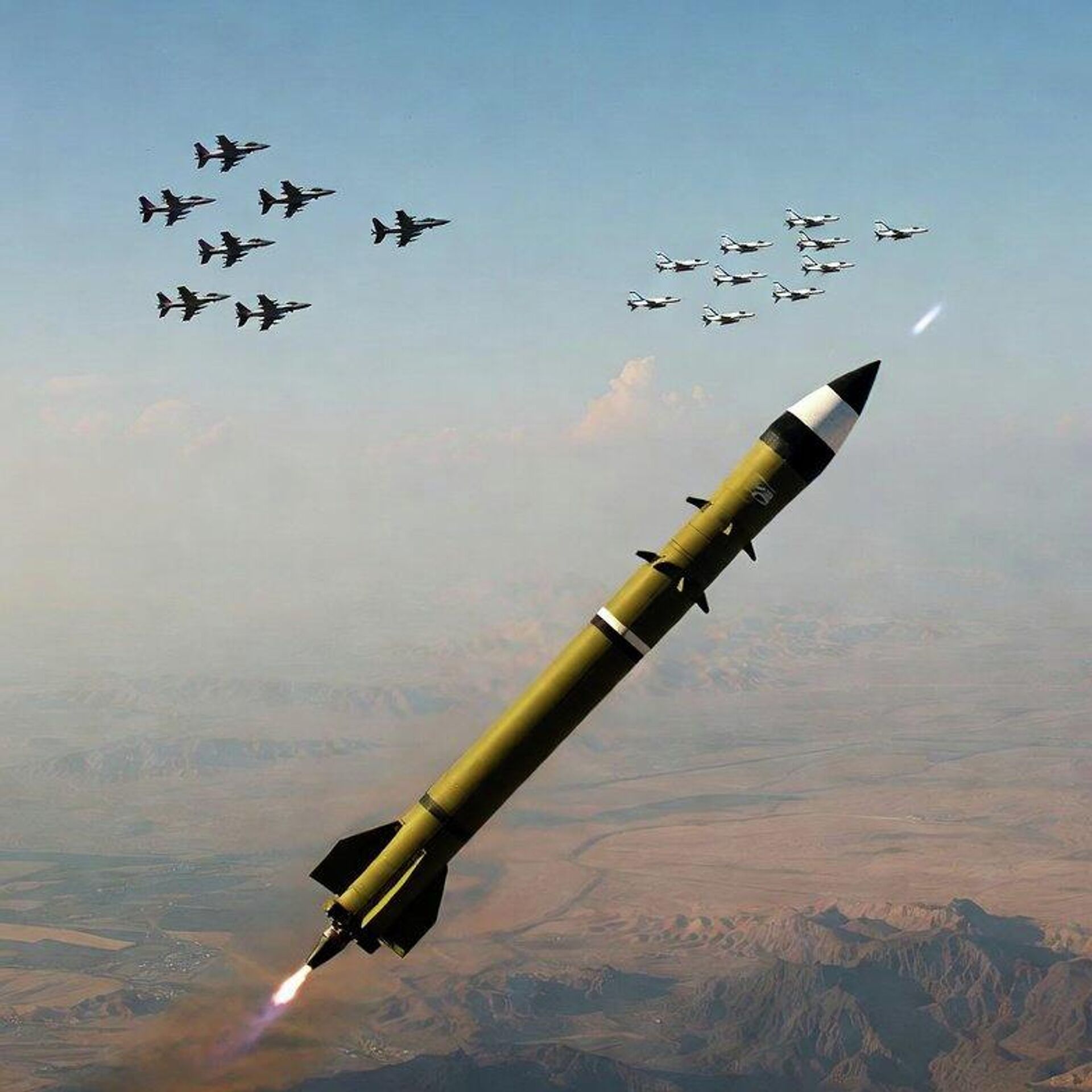 صورة بالذكاء الاصطناعي لمواجهة بين الصواريخ والطائرات الحربية - سبوتنيك عربي, 1920, 05.03.2026