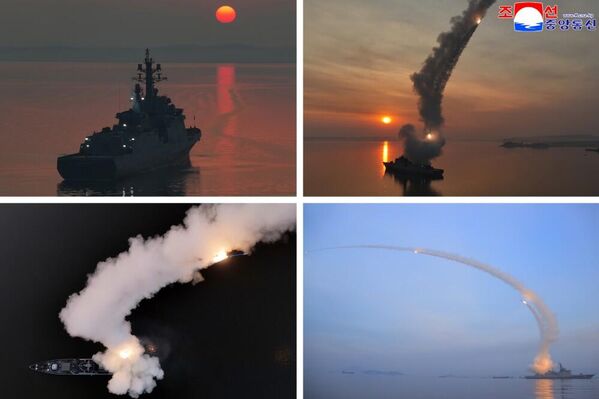 صورة مقسمة لأربع صور صغيرة تظهر المدمرة "تشوي هيون" في البحر خلال لحظة تجربة الإطلاق الصاروخي. - سبوتنيك عربي