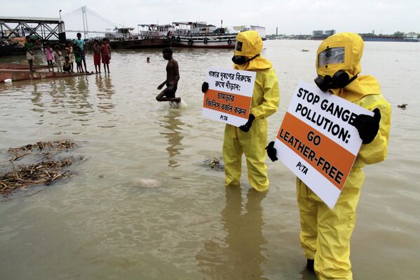 وقف نشطاء من منظمة "بيتا" (PETA) المعنية بحقوق الحيوان، مرتدين بدلات واقية من المواد الخطرة، في نهر الغانج حاملين لافتات احتجاجًا على تلوث النهر بسبب صناعة الجلود في كلكتا، الهند، يوم الثلاثاء 3 سبتمبر/أيلول 2013. وذكر بيان صحفي صادر عن المنظمة أن المخلفات السامة المنبعثة من مدابغ الجلود على طول نهر الغانج جعلت منه أحد أكثر الأنهار تلوثًا في العالم، وهي مسؤولة عن تلويث مصادر المياه في جميع أنحاء الهند والعالم  - سبوتنيك عربي